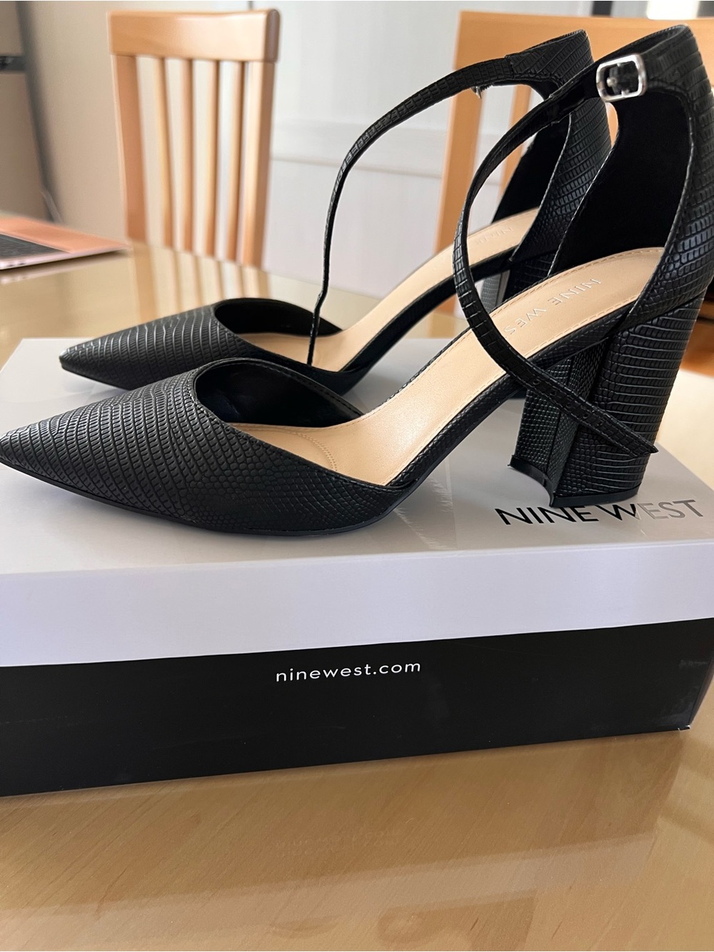 Nine West Black Textured Pointed-Toe Ankle-Strap Block Heels